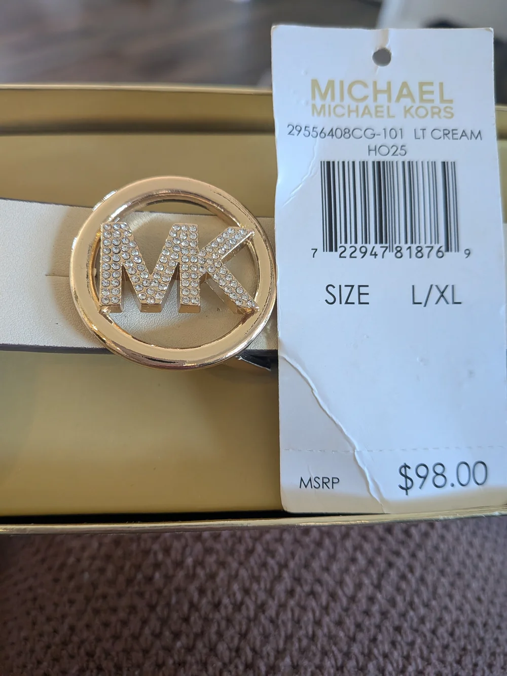 NIB Michael Kors Women's White Leather MK Logo Belt - Gold Buckle - Picture 11 of 12